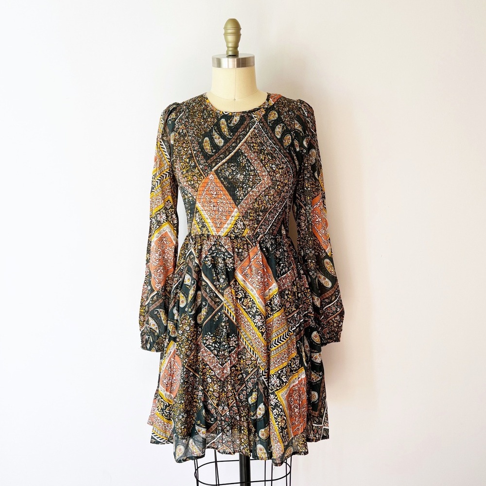 Molly Bracken Patchwork Paisley Dress Black Orange Smocked Fall Bandana